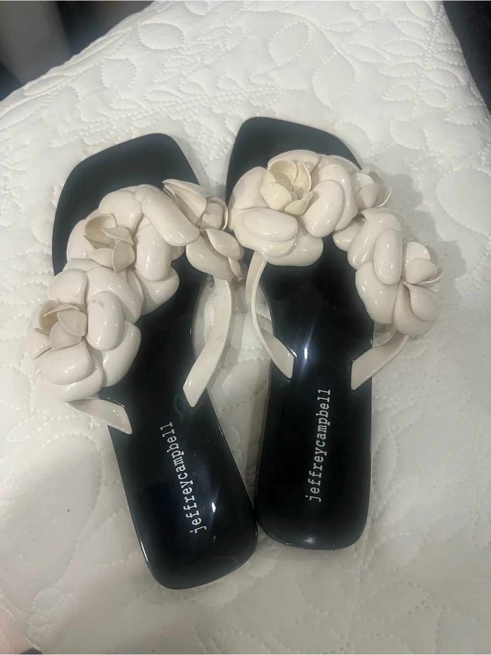 Jeffrey Campbell Black Footbed Sandals with Cream Braided Floral Straps